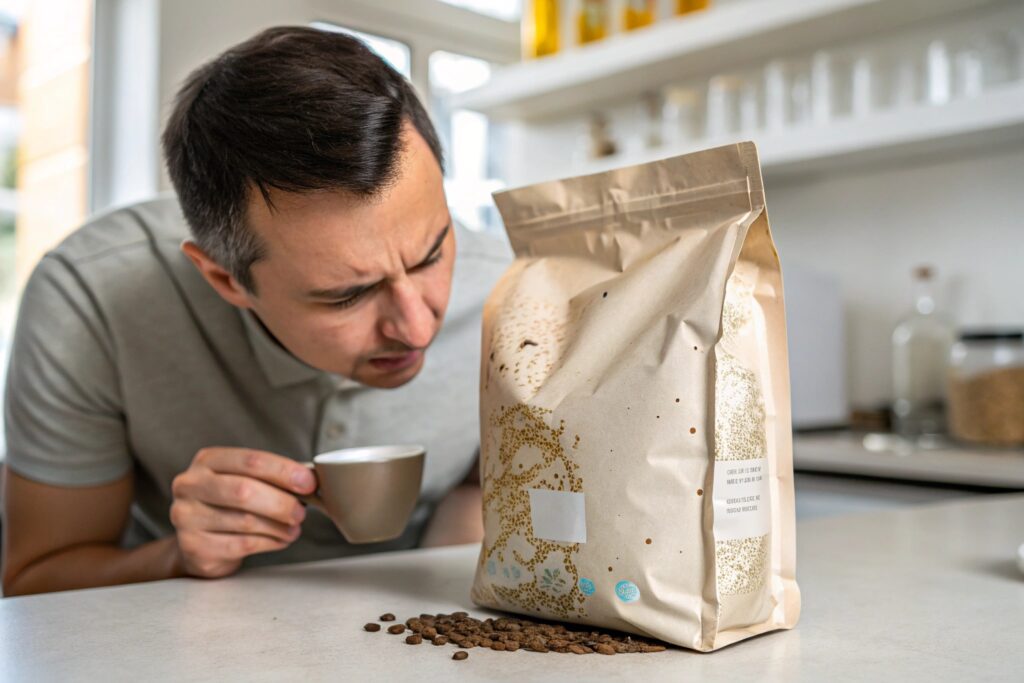 Man smelling coffee bag while holding a cup with coffee beans scattered on the counter.