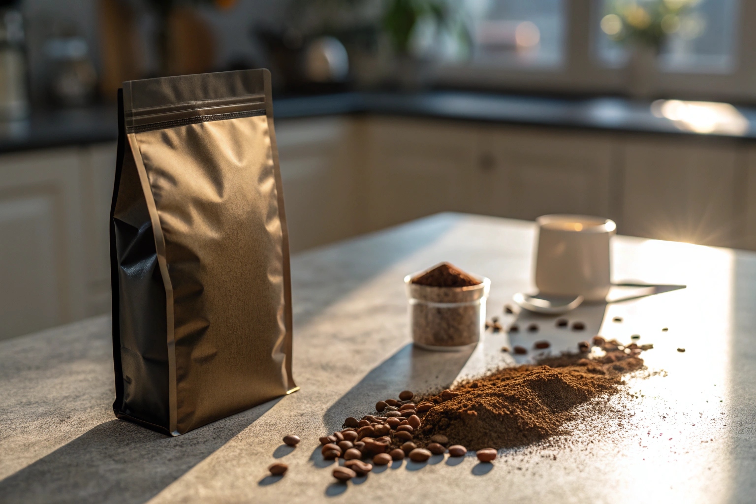 Coffee bag with scattered coffee beans and ground coffee beside a cup on a sunlit kitchen counter