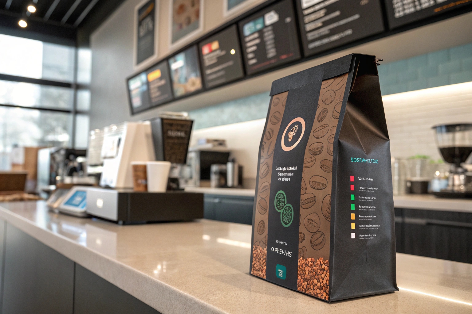 Stylish coffee bag with brown and black design on a café counter with menu boards in the background.