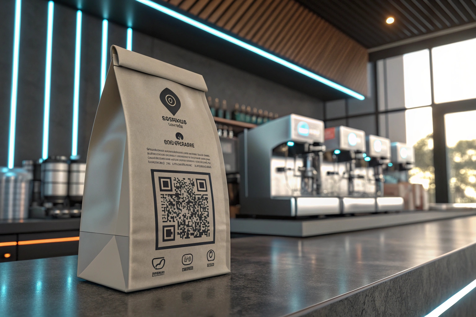 Modern coffee bag with a QR code on a sleek counter in a futuristic café.