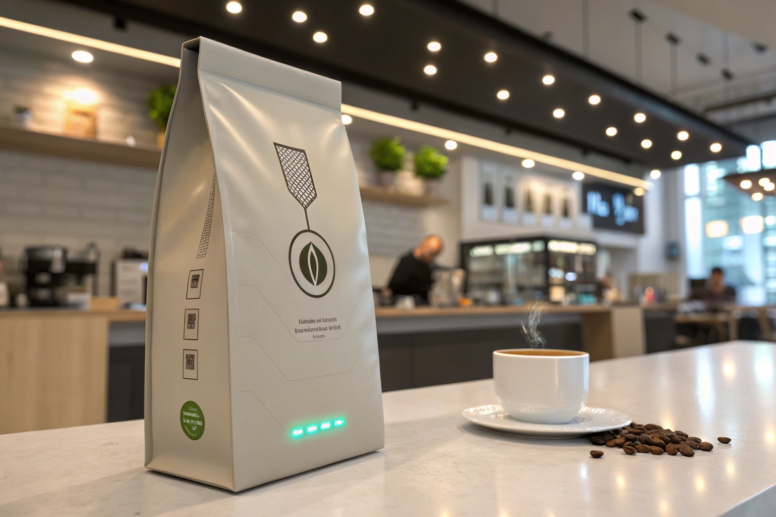 Smart coffee bag with LED lights next to a steaming cup of coffee and beans in a modern café.