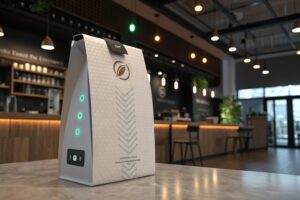 Futuristic coffee bag with LED indicators on a table in a modern café.