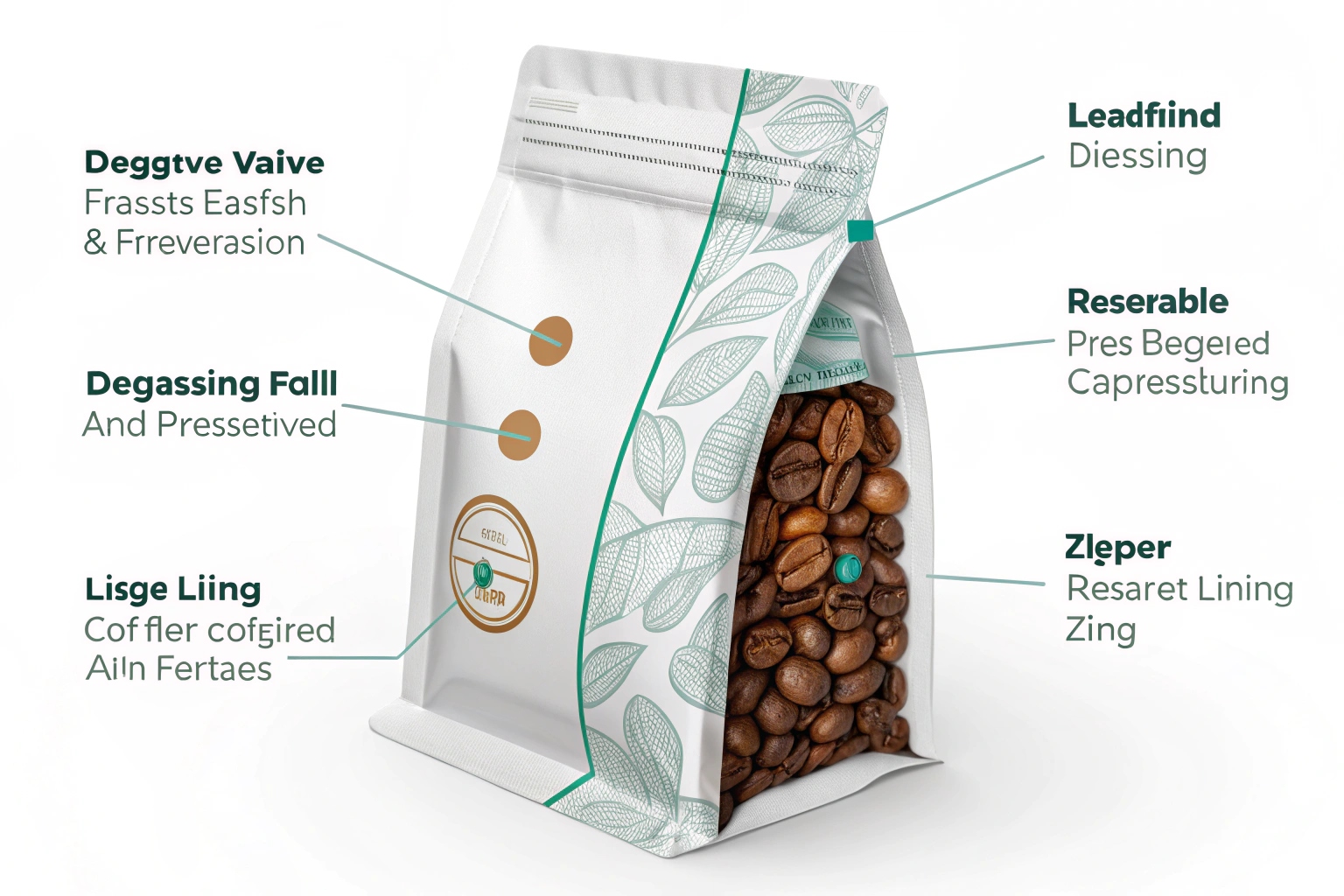 White coffee packaging bag with a transparent window, showcasing coffee beans and labeled features.