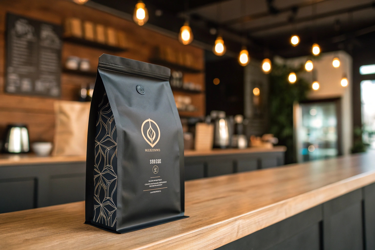 Matte black coffee bag with gold design, placed on a wooden counter in a stylish café.