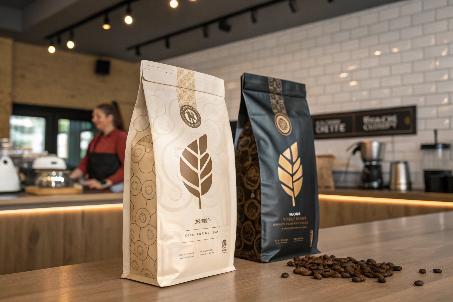 Two elegant coffee bags with distinct designs on a café counter with coffee beans scattered nearby.