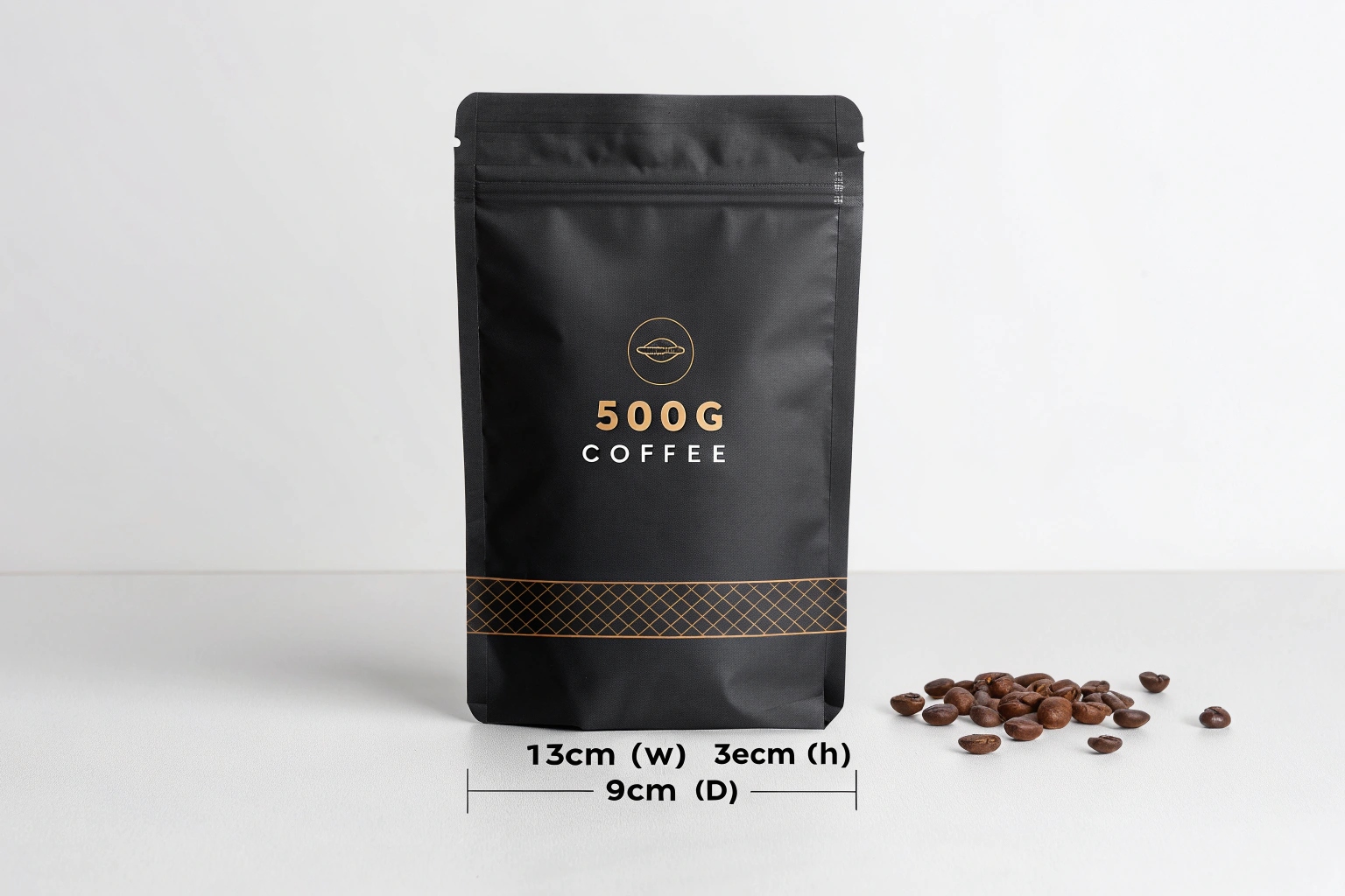 Matte black coffee pouch with gold design, labeled 