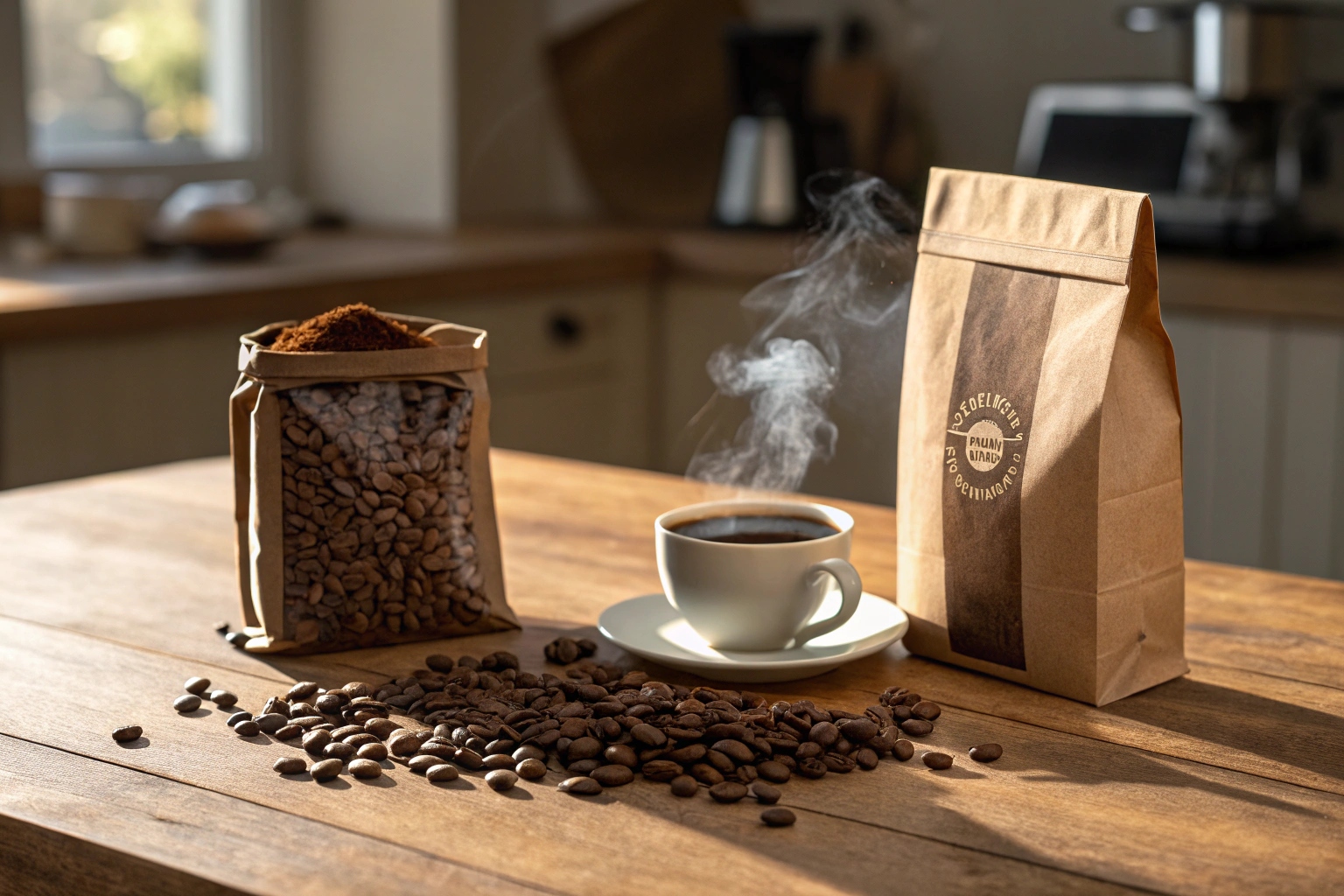 Coffee beans and ground coffee next to a steaming cup on a wooden table with a brown coffee bag