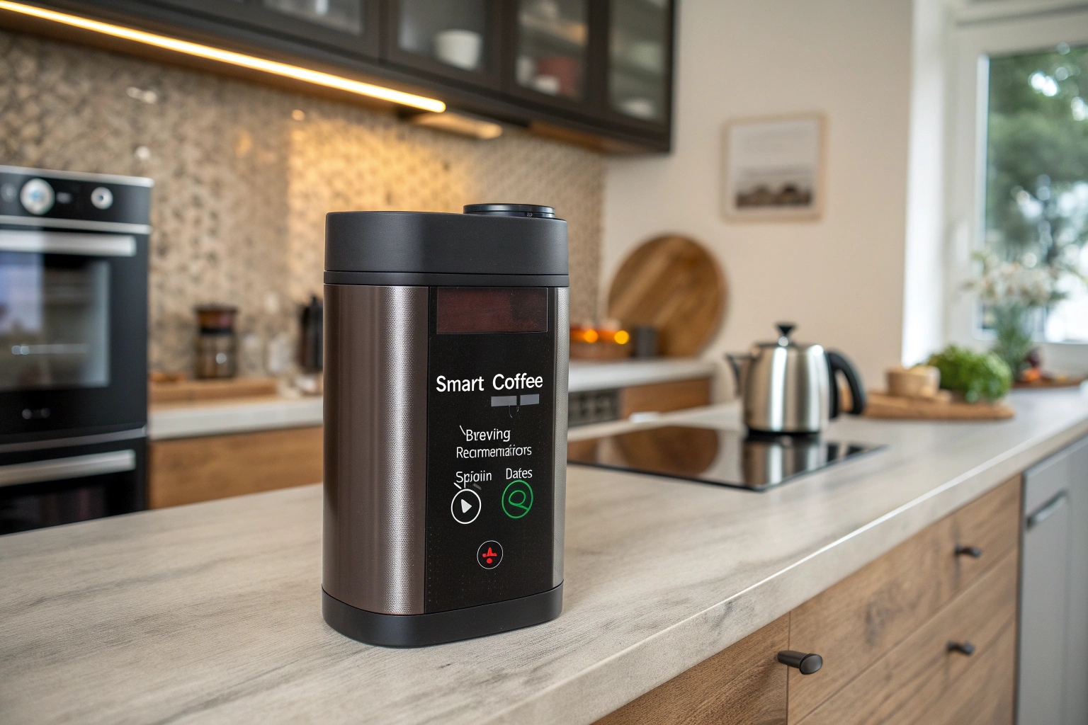 Smart coffee container with digital display on a modern kitchen counter.