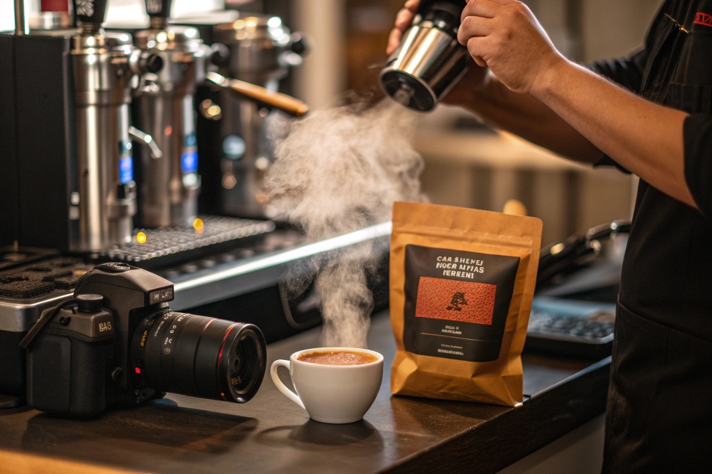 Barista adding foam to coffee beside branded pouch and camera setup