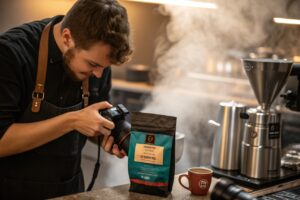 Barista photographing coffee packaging near grinder and steaming cup