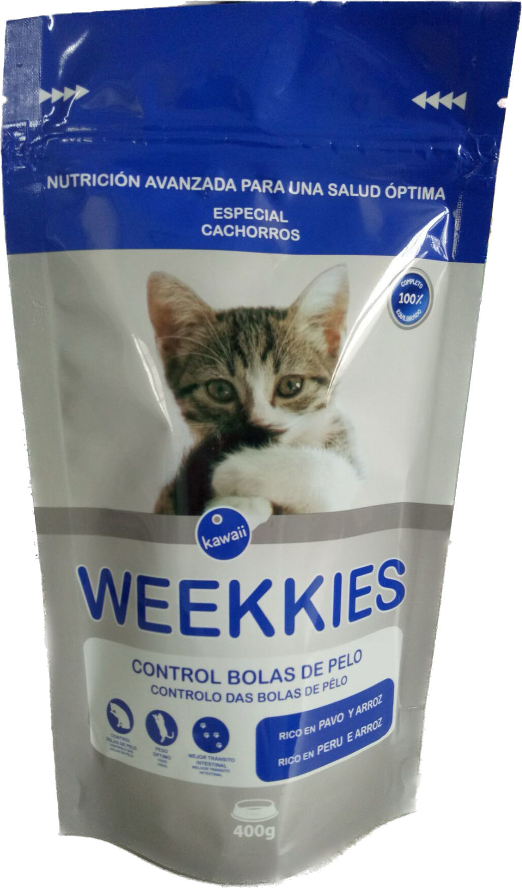 Blue and silver stand-up pouch of Weekkies cat food for kittens with hairball control formula.
