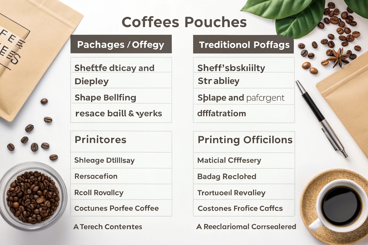 Flat lay of coffee pouch comparison chart with coffee beans, pen, cup of coffee, and printed table of misspelled features.