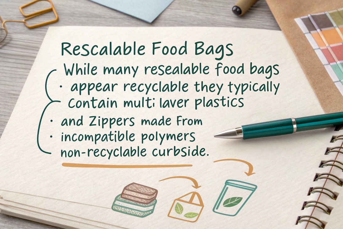 Notebook with handwritten note explaining recyclability issues of resealable food bags.