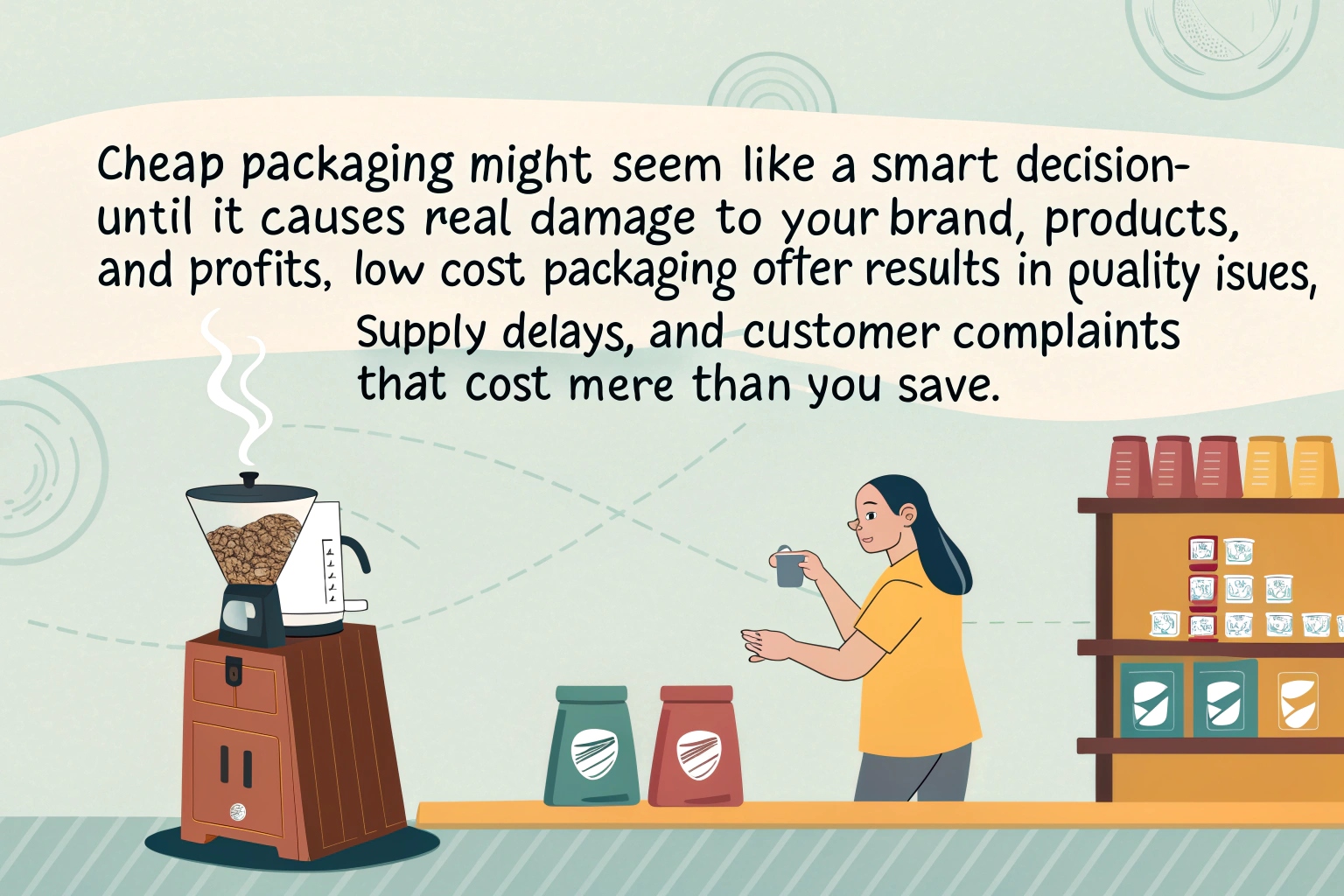 Illustration warning about risks of cheap packaging with a coffee shop setting and grinder.