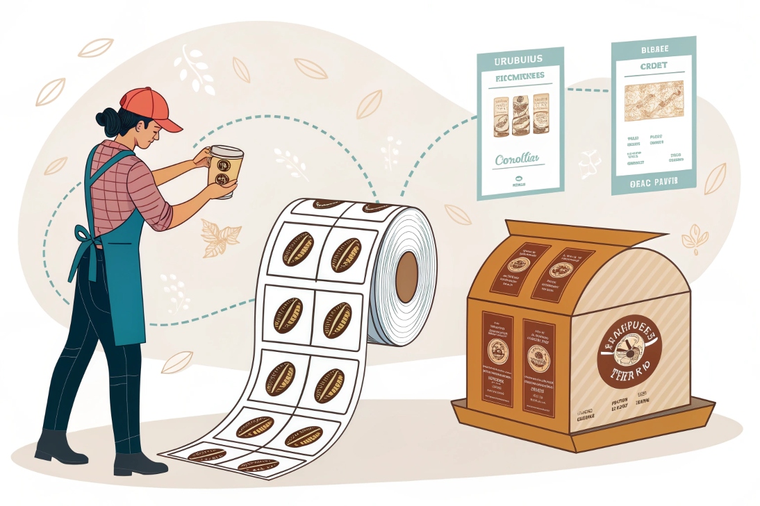 Illustration of worker applying printed coffee labels from roll onto packaging boxes.