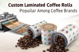 Custom laminated coffee rolls with printed designs and roasted beans spilling out.