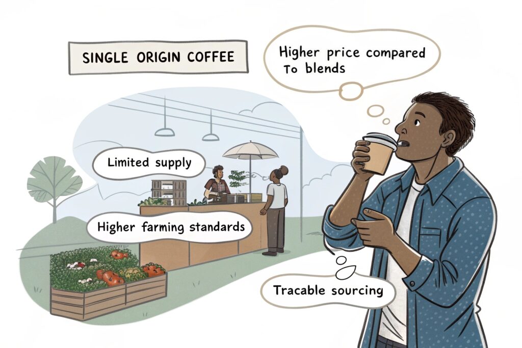 Man drinking single origin coffee while thinking about traceability, price, and quality.