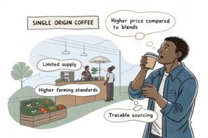Man drinking single origin coffee while thinking about traceability, price, and quality.
