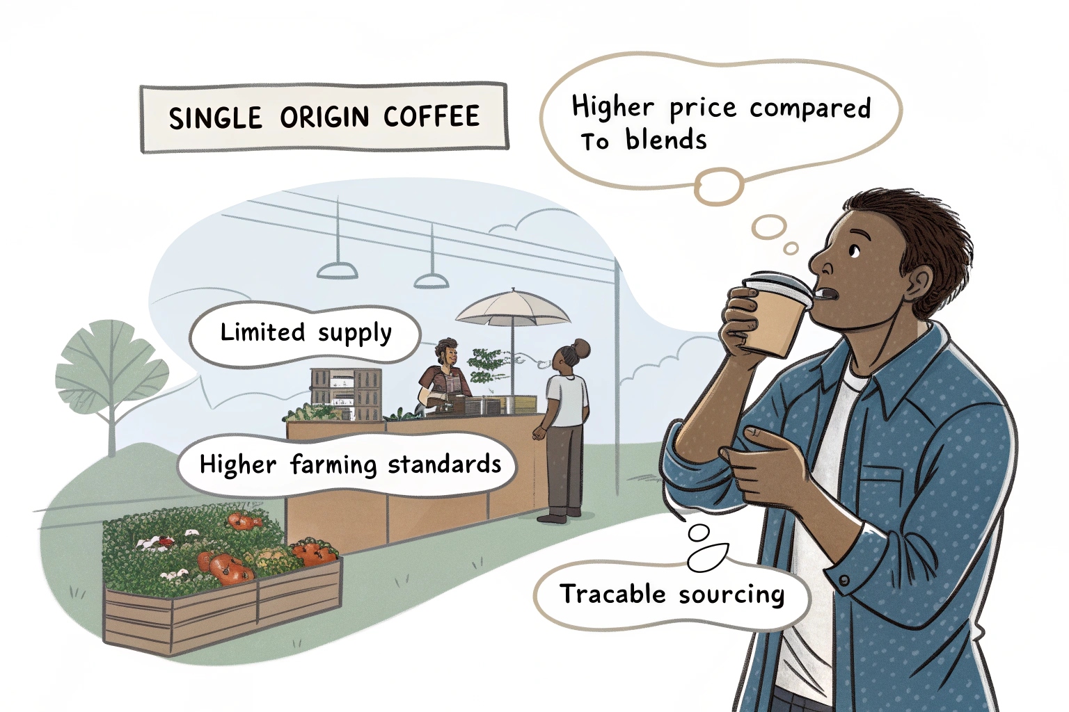 Man drinking single origin coffee while thinking about traceability, price, and quality.