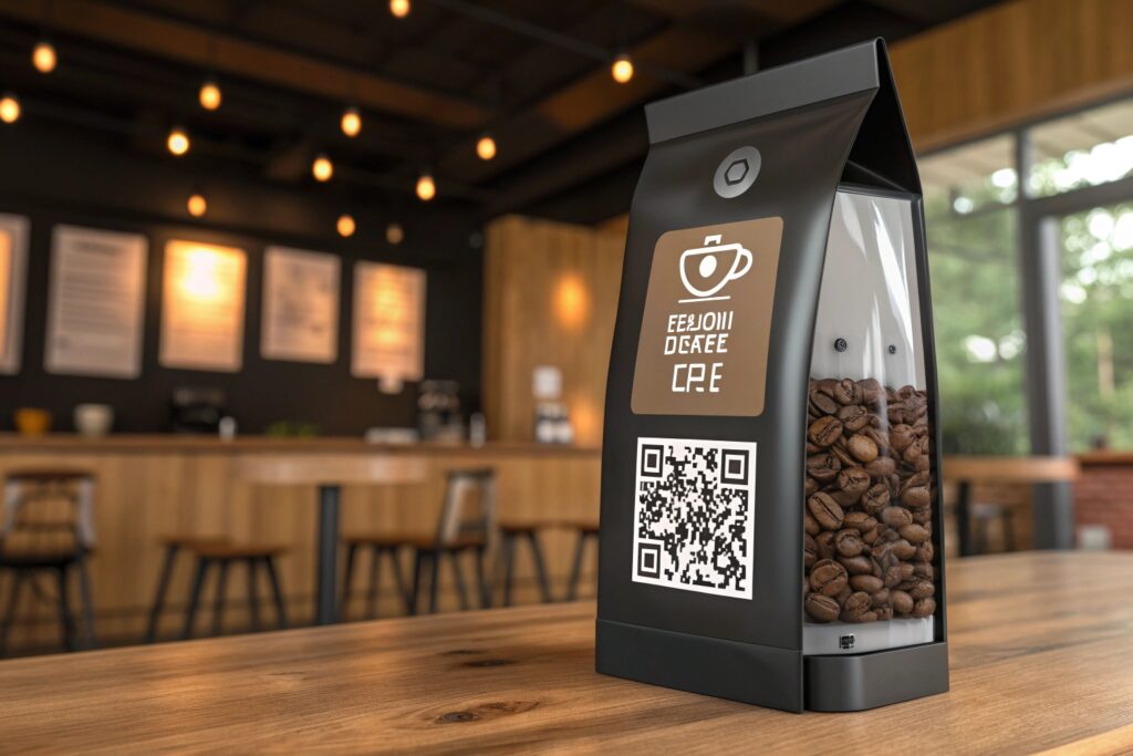 Modern black coffee bean pouch with QR code on wooden table in a café setting.