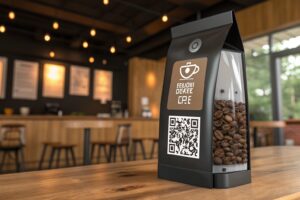 Modern black coffee bean pouch with QR code on wooden table in a café setting.