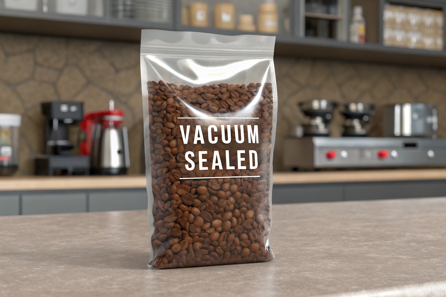Clear vacuum-sealed pouch filled with roasted coffee beans on kitchen counter with coffee equipment in background.