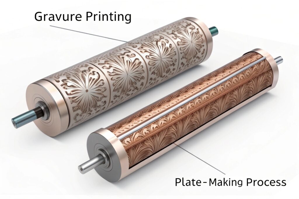 Engraved metal cylinders used for gravure printing and plate-making process in packaging.