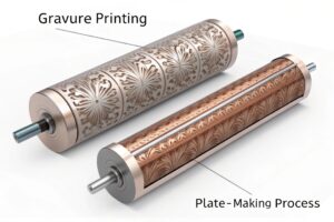 Engraved metal cylinders used for gravure printing and plate-making process in packaging.