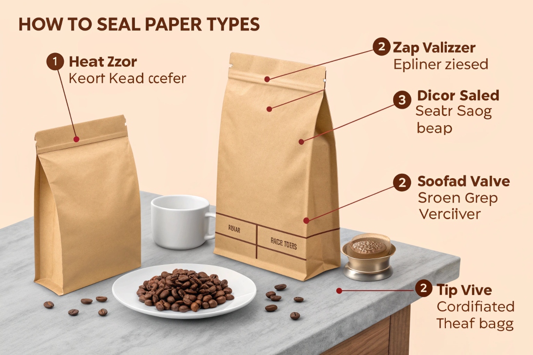 Infographic showing coffee paper bags with labels explaining sealing methods.