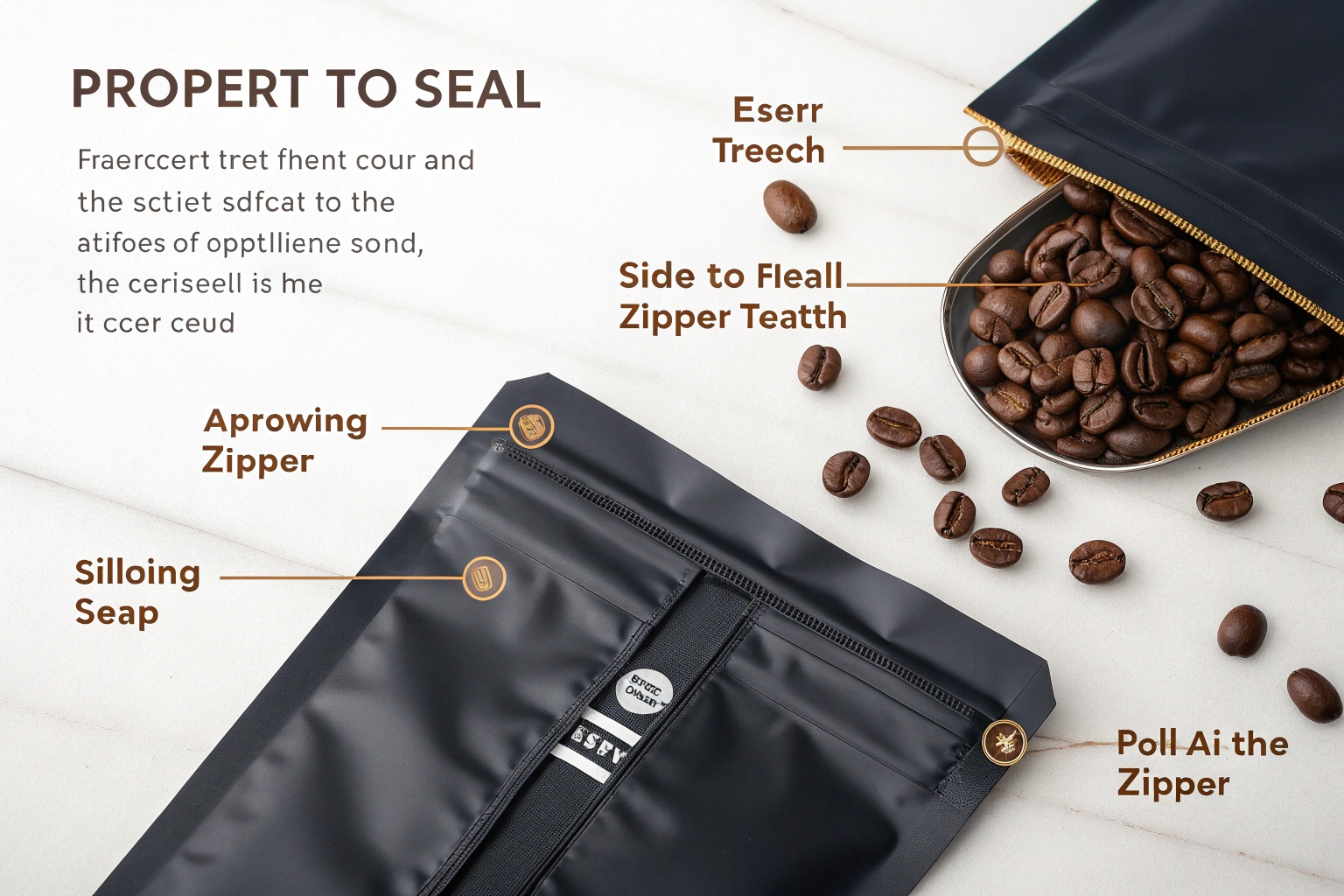 Black coffee pouch with zipper and mislabeled sealing parts, surrounded by scattered coffee beans on white surface.