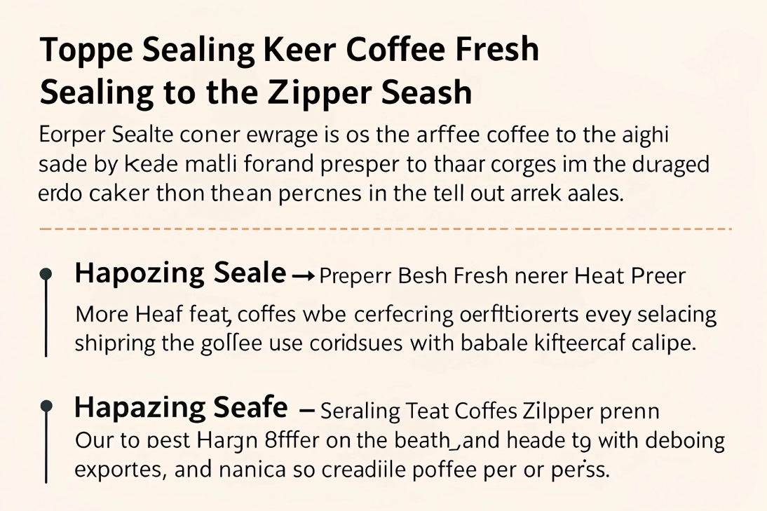 Infographic with unreadable text attempting to explain coffee bag zipper sealing methods.