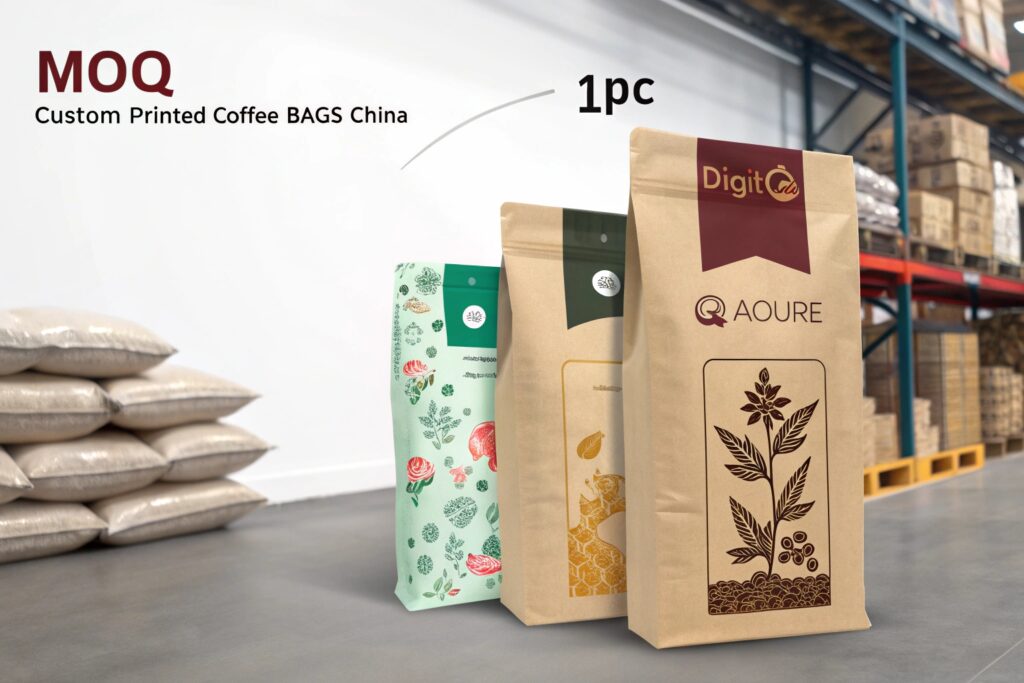 Three custom printed coffee bags displayed in warehouse with text highlighting MOQ of 1 piece for personalized orders.