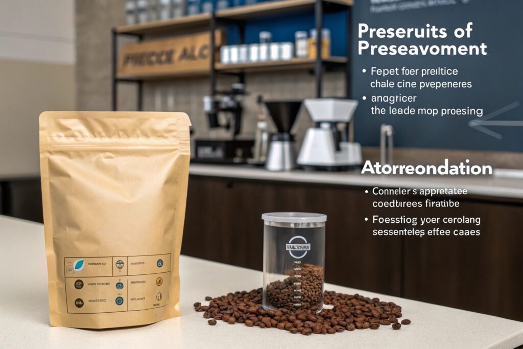 Brown kraft stand-up pouch and clear container with coffee beans on countertop, with blurry coffee shop background and placeholder text.