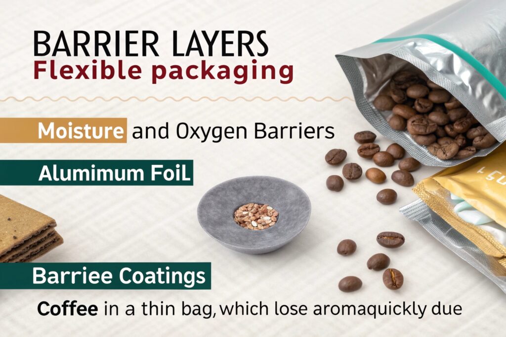 Coffee beans and foil pouches illustrating barrier layers in flexible packaging.