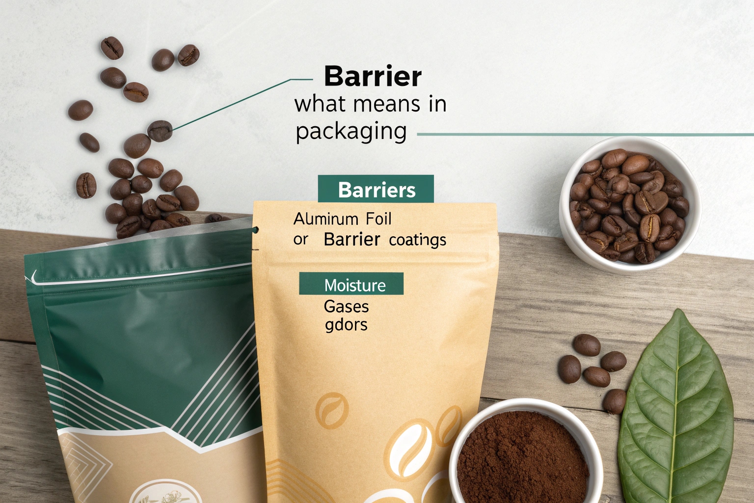 Coffee beans and kraft pouches showing barrier packaging materials and functions.