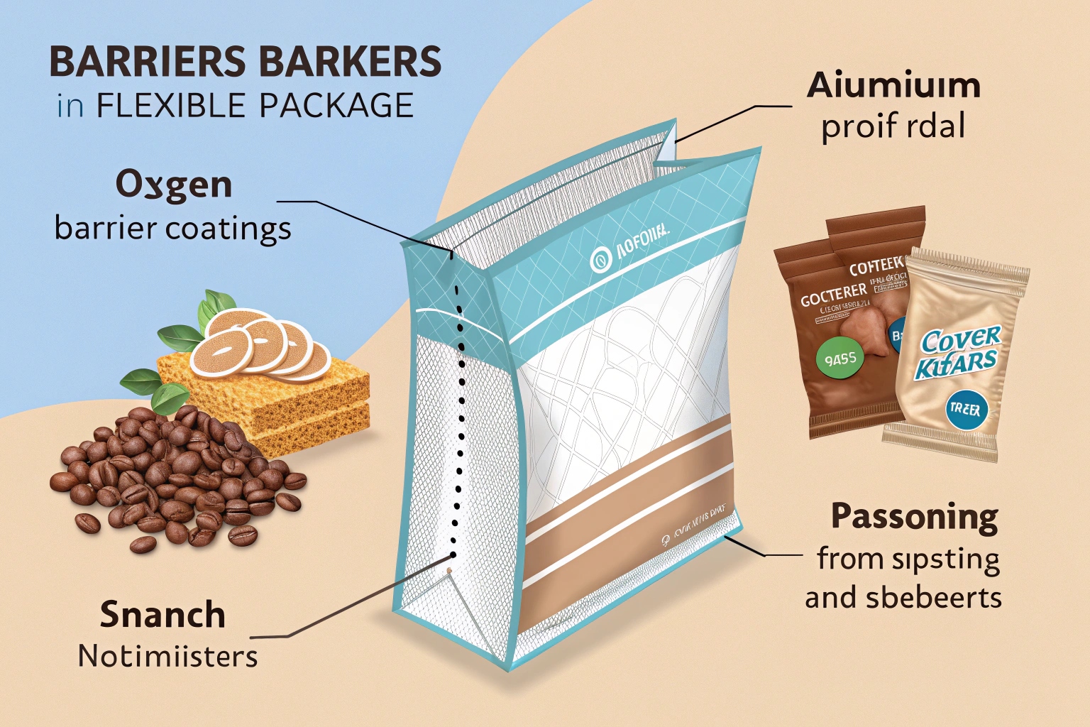 Illustration of flexible packaging layers with coffee and snack graphics, showing barrier functions.