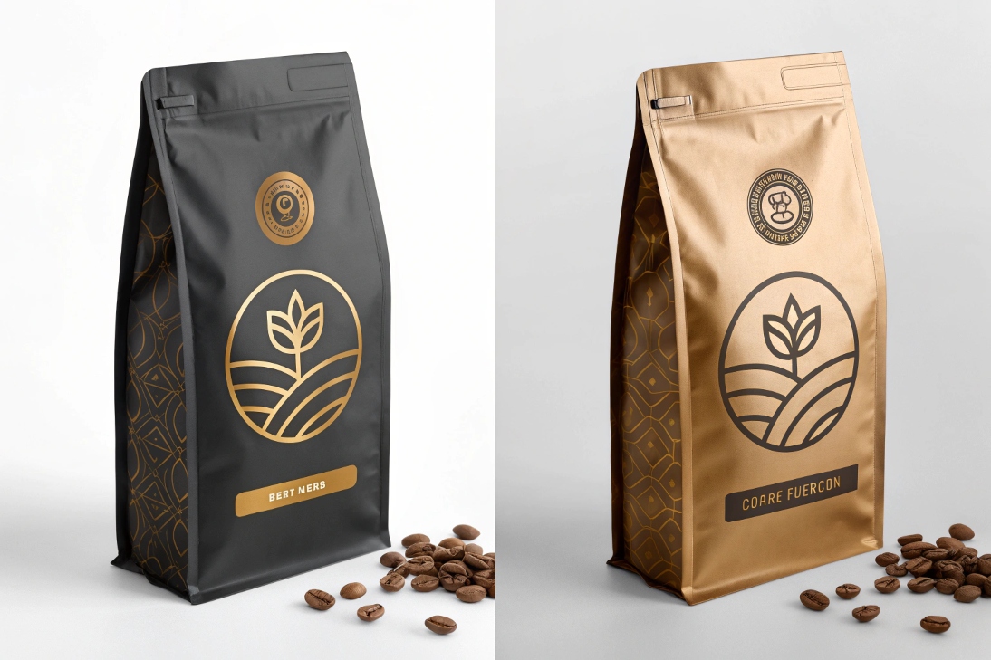 Two premium coffee packaging bags, one matte black and one metallic gold, with minimalist leaf design.
