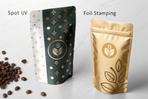 Coffee packaging pouches showing Spot UV and foil stamping printing finishes.