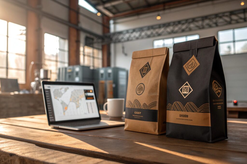 Custom printed coffee packaging bags on wooden table in modern factory setting with laptop and cup.