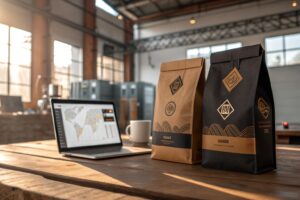 Custom printed coffee packaging bags on wooden table in modern factory setting with laptop and cup.