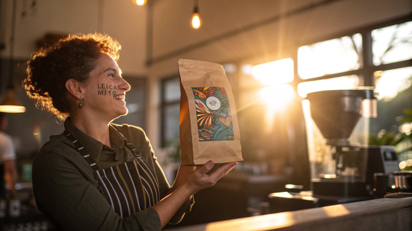 Smiling barista holding custom printed coffee pouch in cozy café at sunset.
