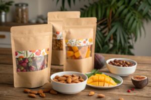 Kraft stand-up pouches with clear windows filled with dried fruits and nuts on rustic table.