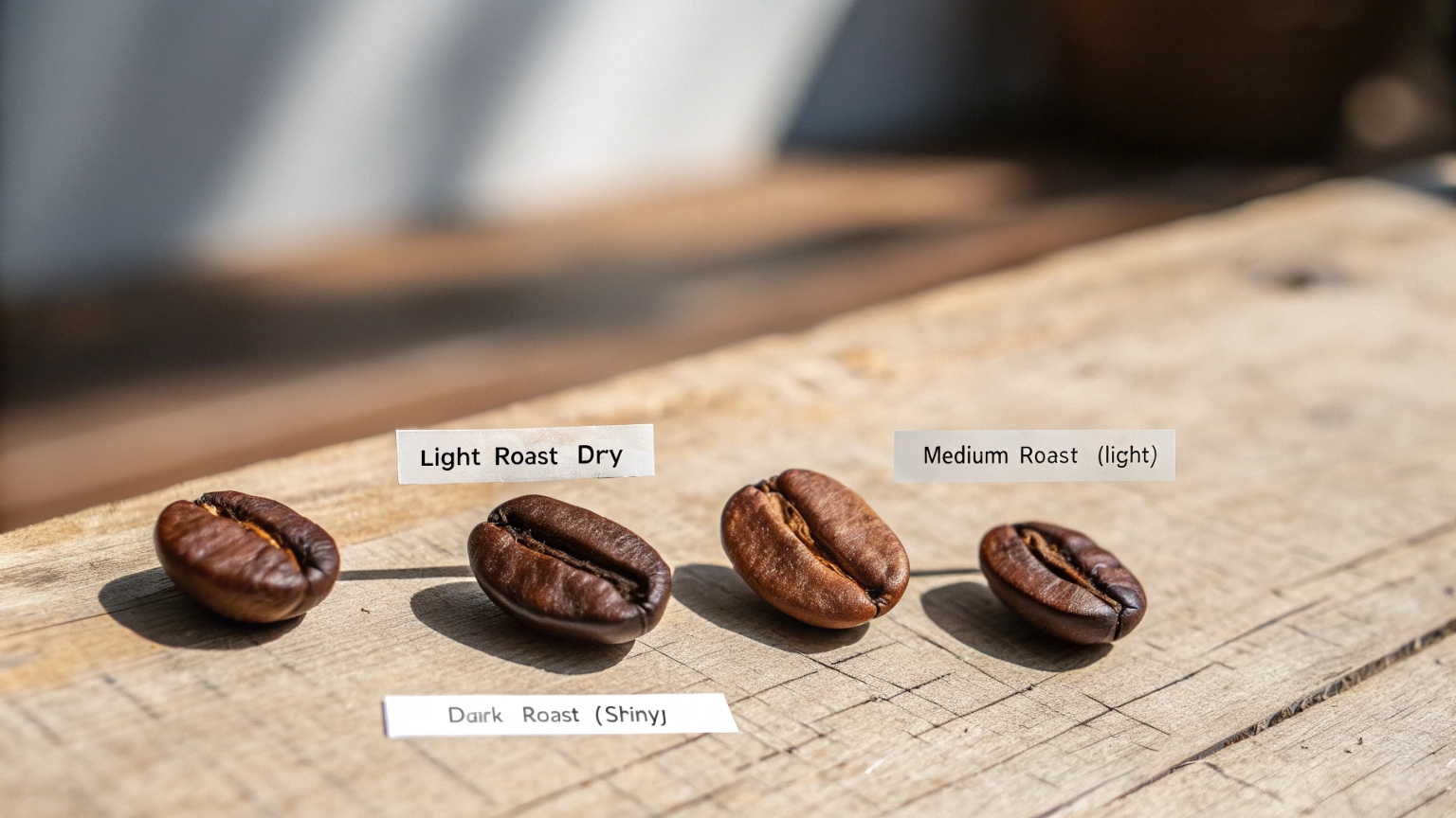 Four coffee beans showing light, medium, and dark roast differences on wooden table.