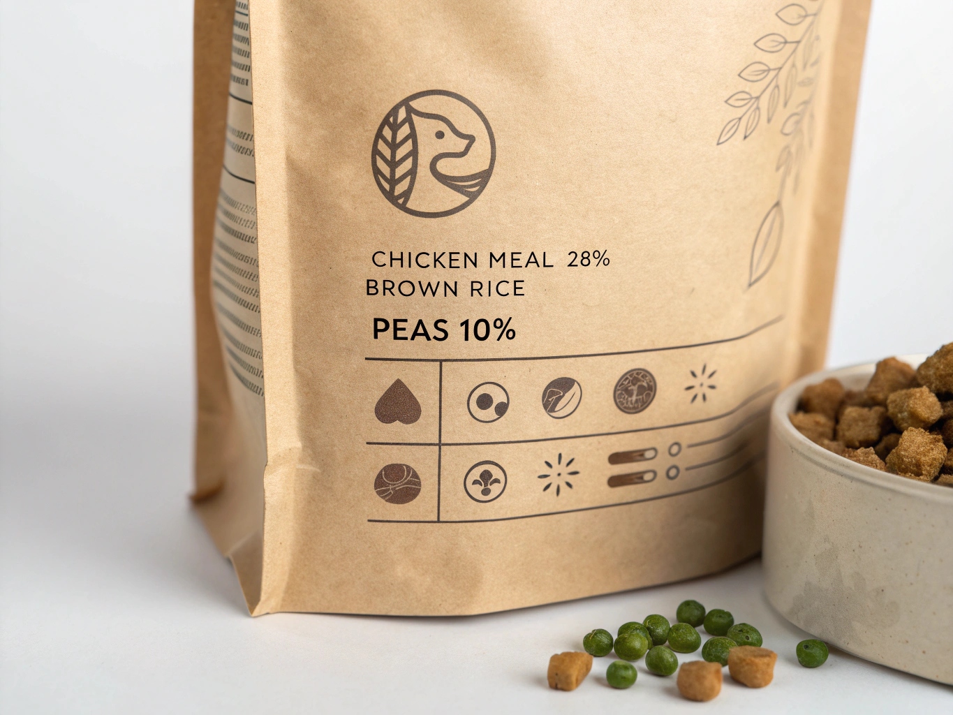 Close-up of kraft dog food bag showing ingredients like chicken meal and peas beside bowl.