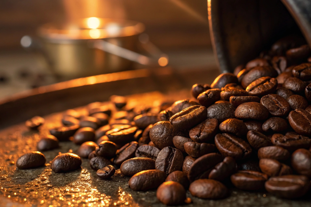 Freshly roasted coffee beans spilling from a container under warm light.