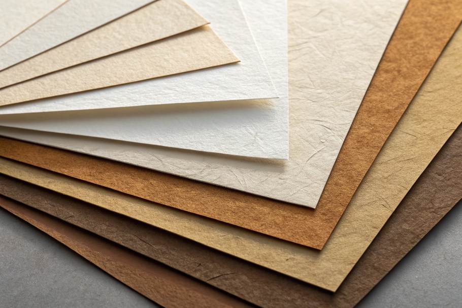 Stack of kraft paper sheets in various natural brown shades and textures.