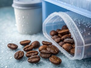 Frozen coffee beans spilling from frosty plastic container with condensation in a cold storage setting.