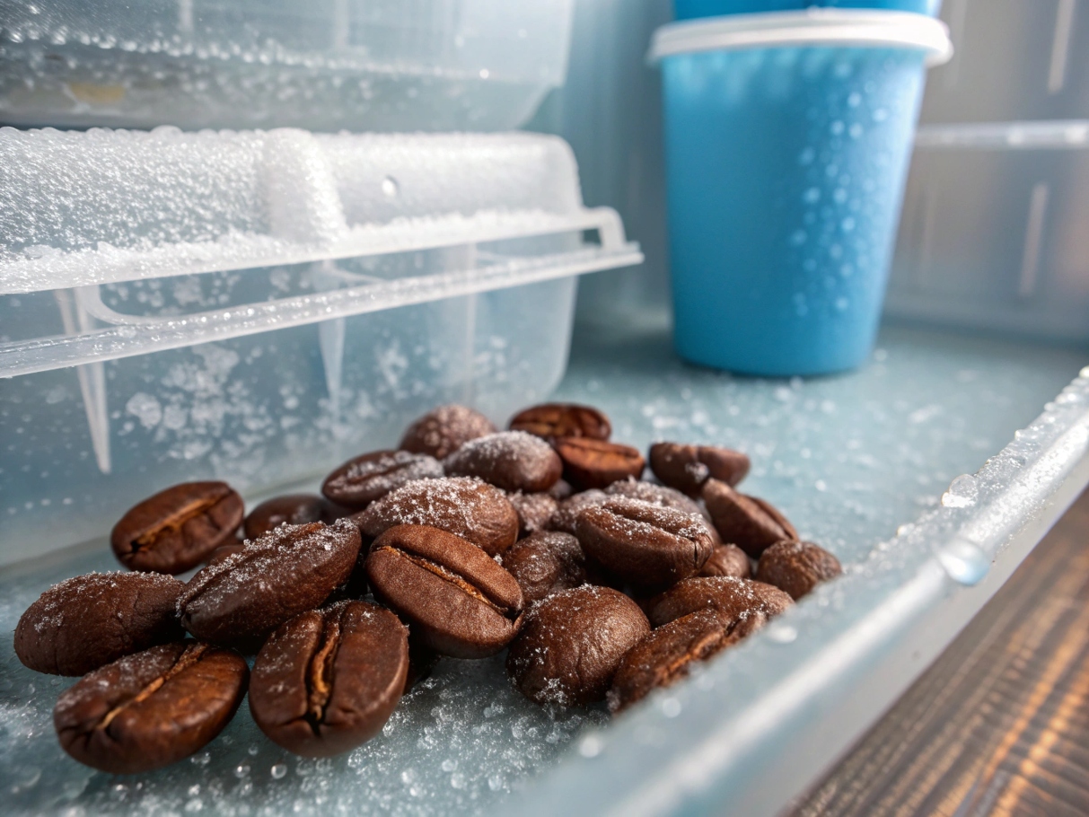 Frozen coffee beans spilling from frosty plastic container with condensation in a cold storage setting.