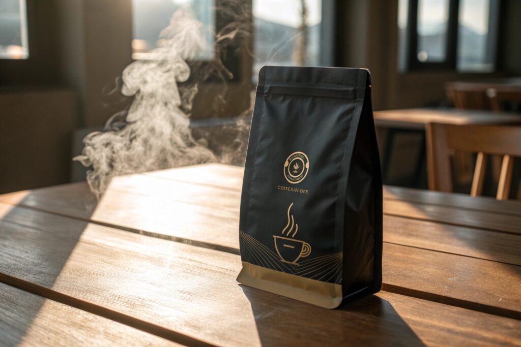 Black coffee packaging pouch with gold design on wooden table in sunlight.