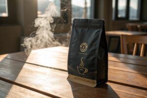 Black coffee packaging pouch with gold design on wooden table in sunlight.
